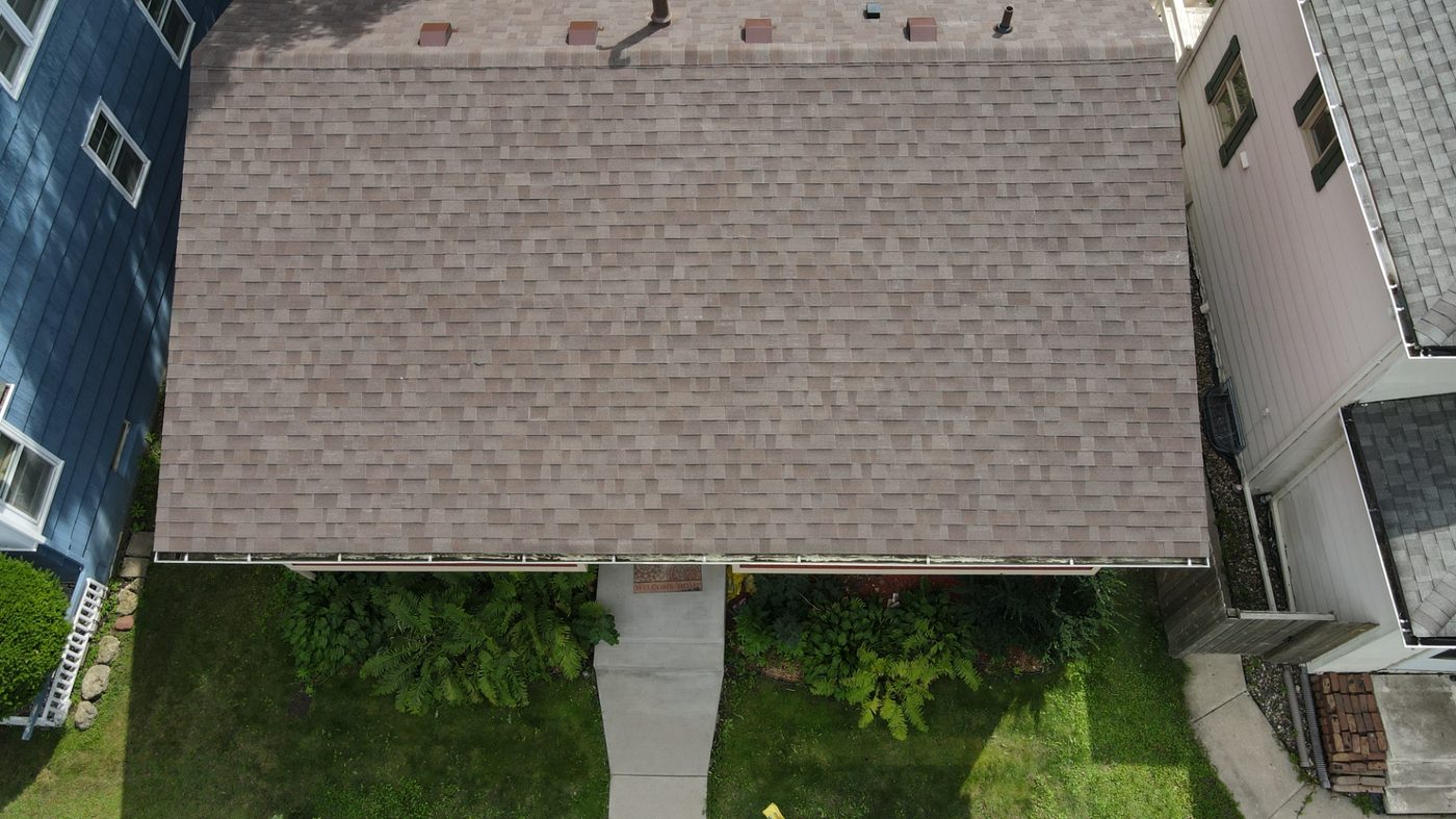 Aerial photo of mid-job roof replacement by Sellers Roofing