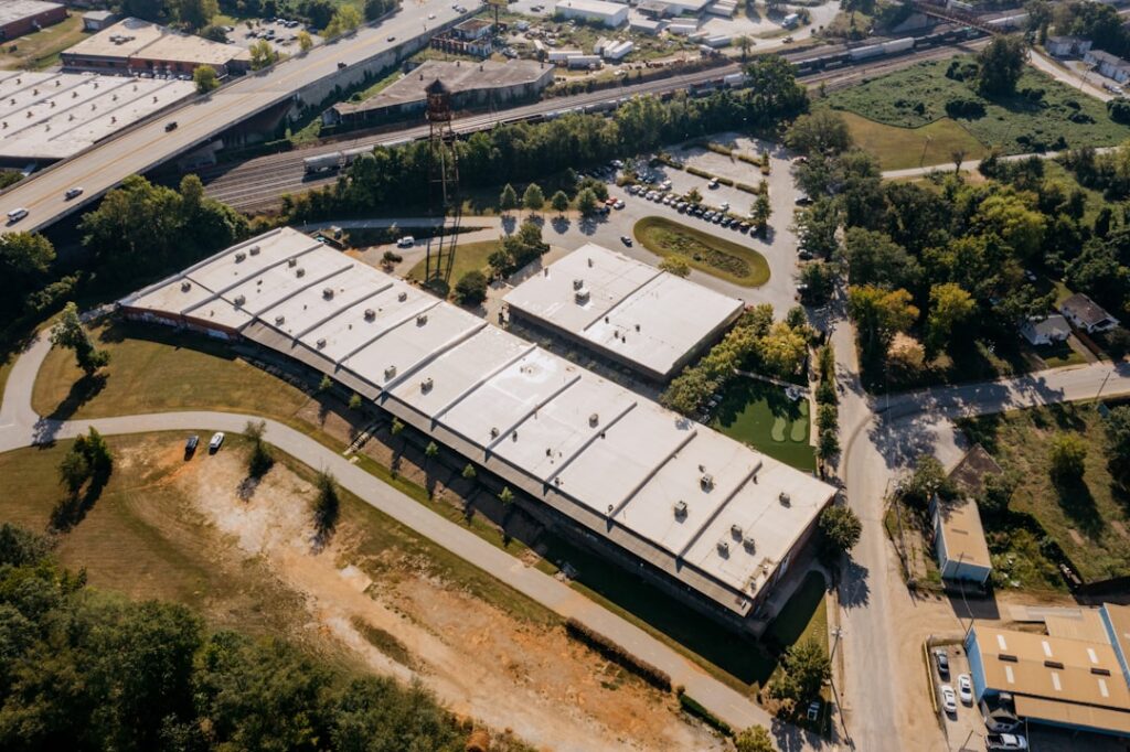 Aerial view of a commercial building flat roof